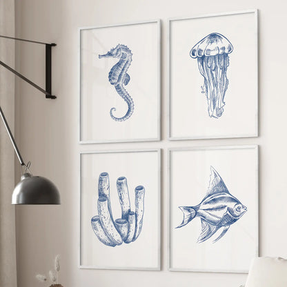 Blue Coastal Artwork. Set of 4 Posters. Jellyfish, Fish Print
