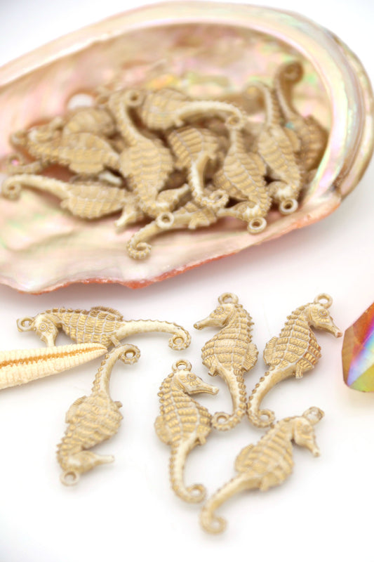 Golden Cream Seahorse Charm, German Resin Beach Amulet, 28mm, 1 Pendant