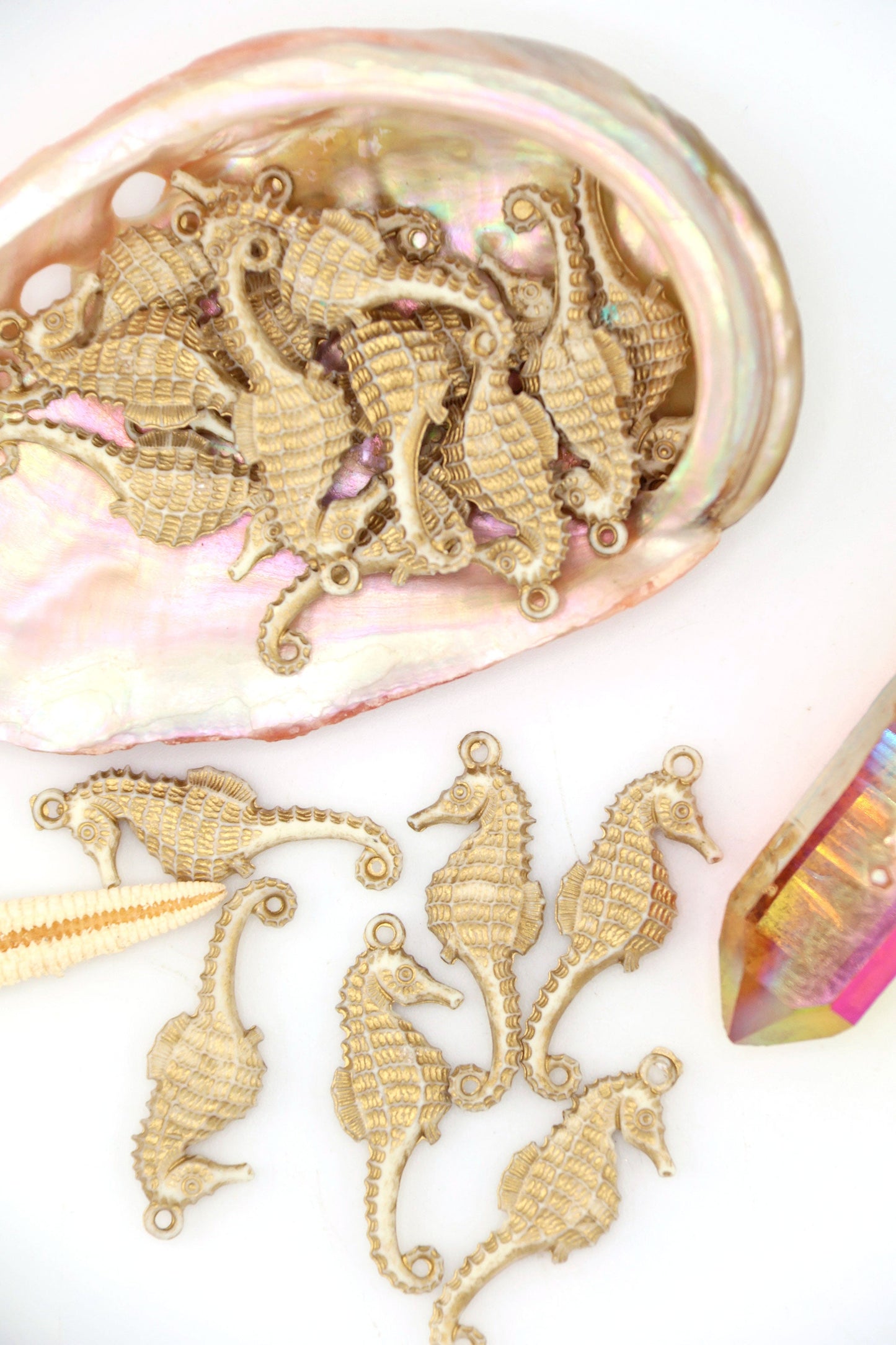 Golden Cream Seahorse Charm, German Resin Beach Amulet, 28mm, 1 Pendant