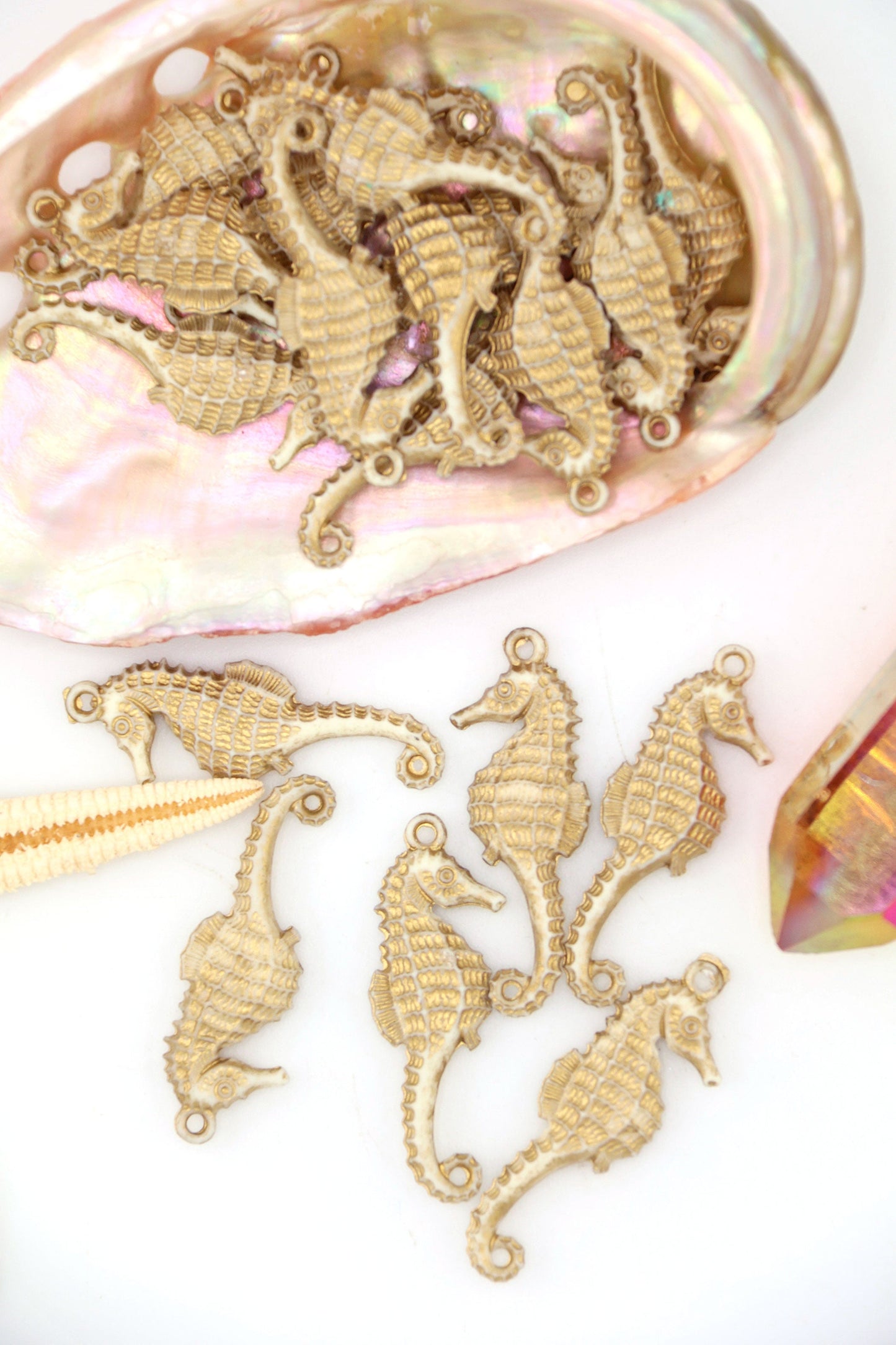 Golden Cream Seahorse Charm, German Resin Beach Amulet, 28mm, 1 Pendant