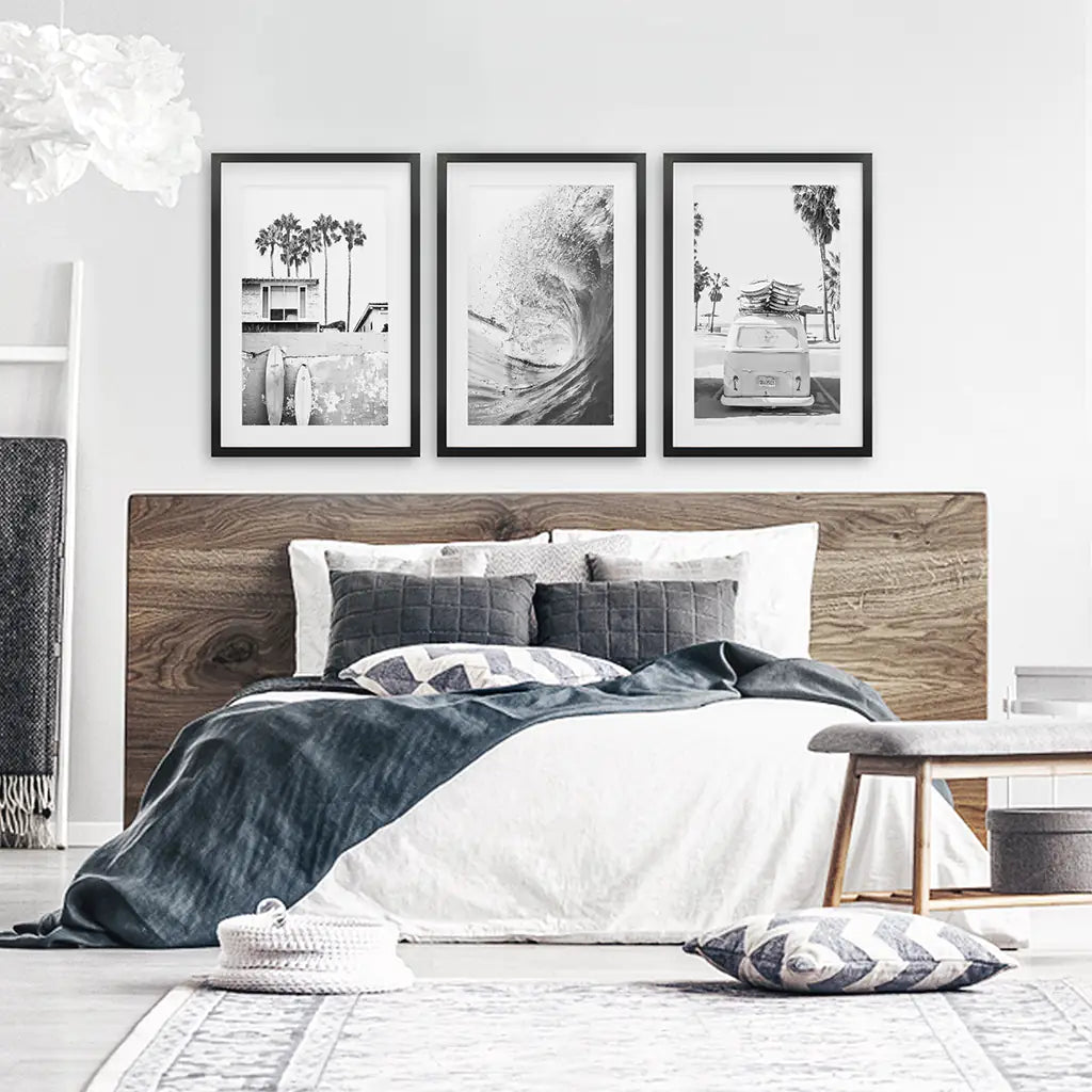 Black White California Surfing Prints. Van, Ocean Wave, Surfboards