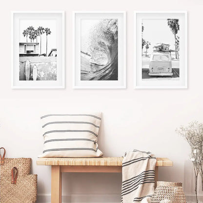 Black White California Surfing Prints. Van, Ocean Wave, Surfboards