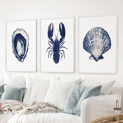 Lobster, Shell Nautical Prints.Coastal Set of 3 Piece