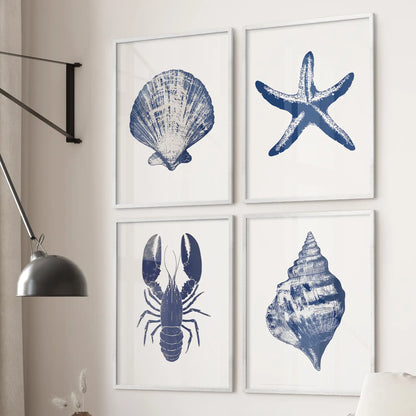 Set of 4 Art Prints. Starfish, Lobster, Seashell