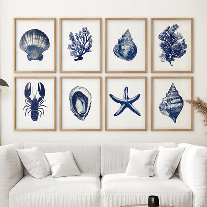 Set of 8 Nautical Prints. Starfish, Shell, Seaweed, Lobster