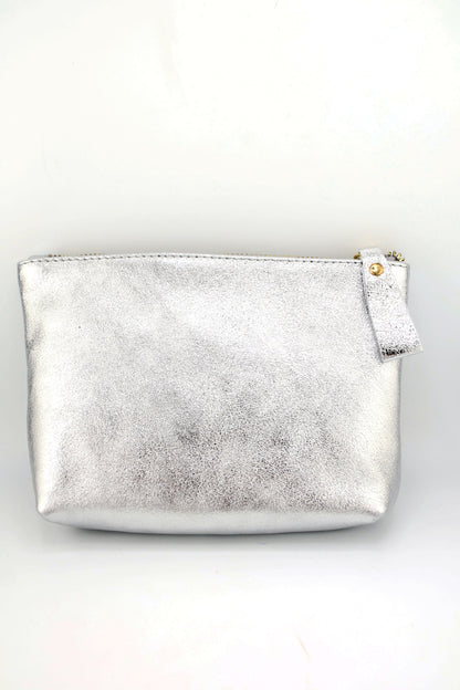 Metallic Italian Leather Zipper Pouch, Purse, 8" Soft Real Leather, Assorted Colors