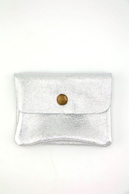 Metallic Italian Leather Coin Purse, 3 Compartments, Zipper Pocket