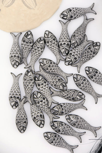Black with Silver Fish Charm, German Resin, 27mm, 1 Pendant