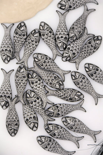 Black with Silver Fish Charm, German Resin, 27mm, 1 Pendant