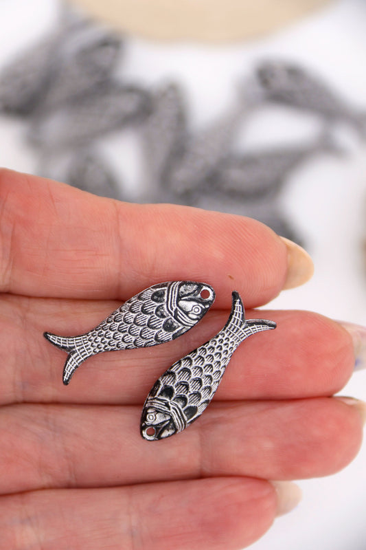 Black with Silver Fish Charm, German Resin, 27mm, 1 Pendant