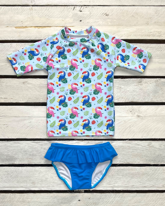 Too Cute Toucans Girls Short Sleeve Sun Shirt and Bottoms