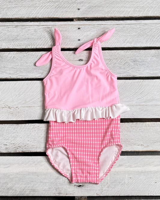 Textured Gingham Girls Skirted Swimsuit with Ties