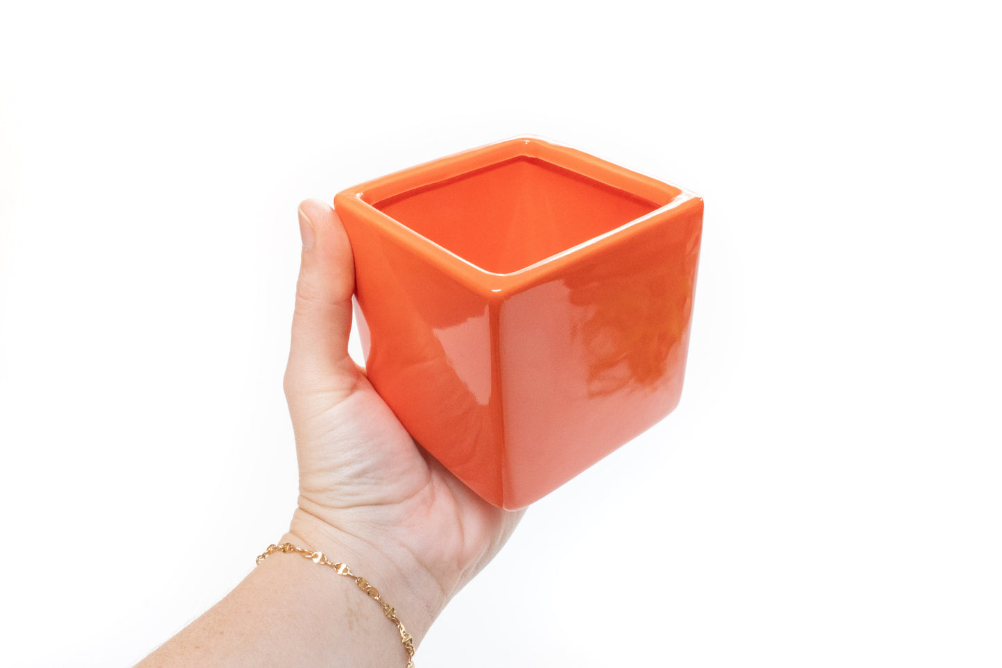 Naranja Orange Ceramic Cube Container with Custom Tillandsia Air Plant