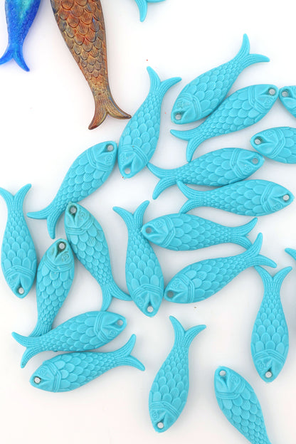 Blue Turquoise Fish Charm, German Resin, 27mm, 1 Pendant