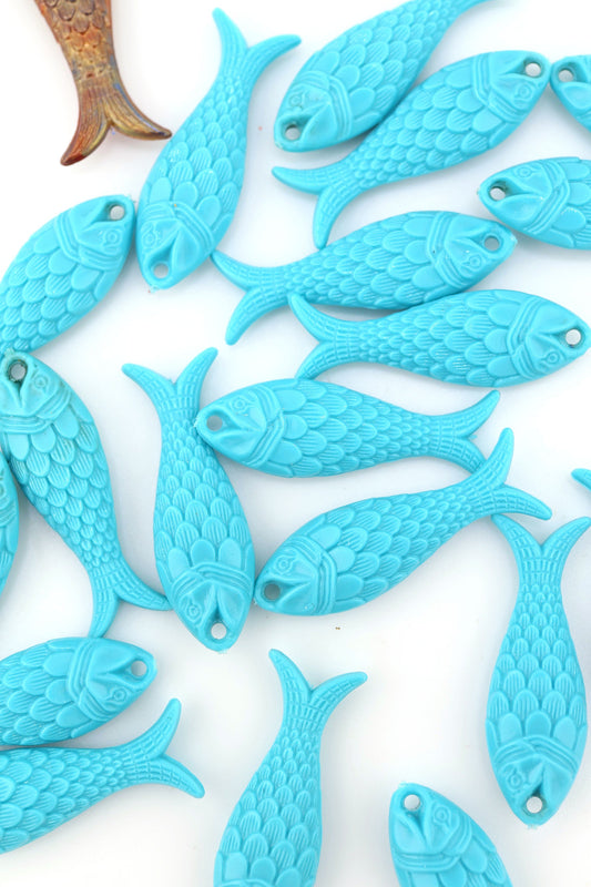 Blue Turquoise Fish Charm, German Resin, 27mm, 1 Pendant