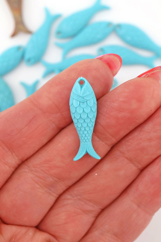 Blue Turquoise Fish Charm, German Resin, 27mm, 1 Pendant