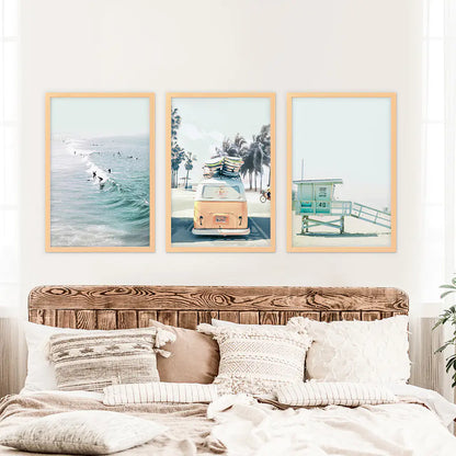 California Wall Art. Surfers on the Waves, Yellow Van, Lifeguard