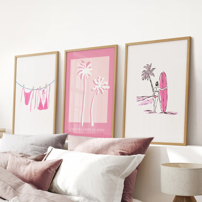 Beach House 3 Piece Girly Wall Art: Pink Palm, Surfer Prints