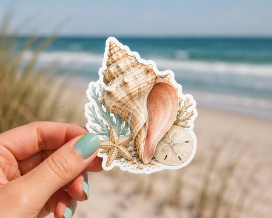 "COMING SOON" Coastal Conch Shell Sticker