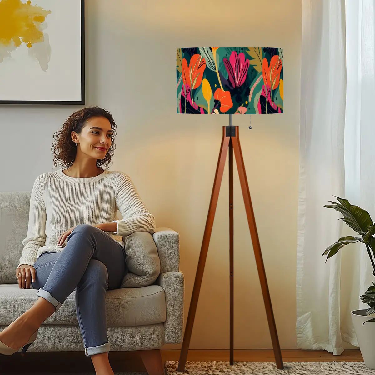 Grand Bohemian Modern Tripod Floor Lamp Orange, Teal, Yellow Fuchsia
