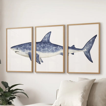 Shark Wall Art. Set of 3 Watercolor Ocean Animal Prints