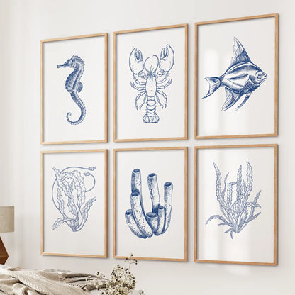 Set of 6 Nautical Prints. Fish, Lobster, Seahorse, Seaweed