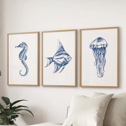 Sea Animal Posters. Seahorse, Fish, Jellyfish Art Print Set