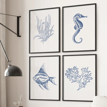 Seaweed, Seahorse, Fish, Coral Art. Set of 4 Coastal Prints