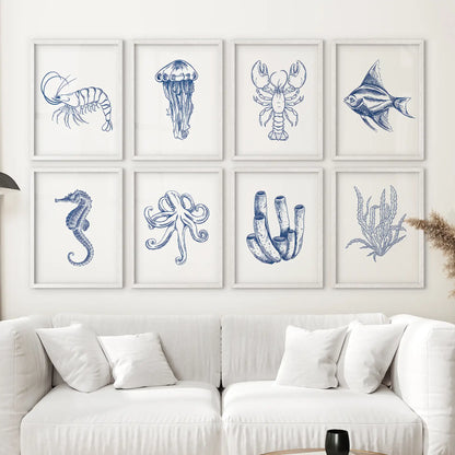 Blue Sea Life Wall Art. Set of 8 Nautical Ocean Animal