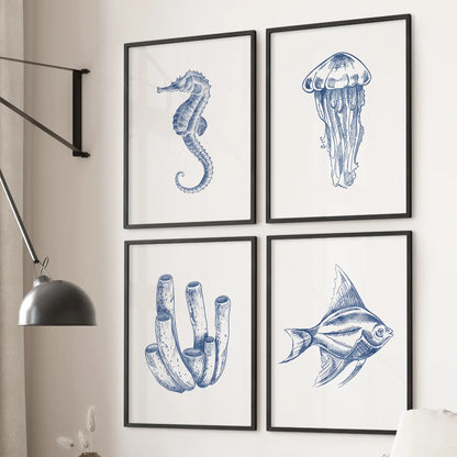 Blue Coastal Artwork. Set of 4 Posters. Jellyfish, Fish Print