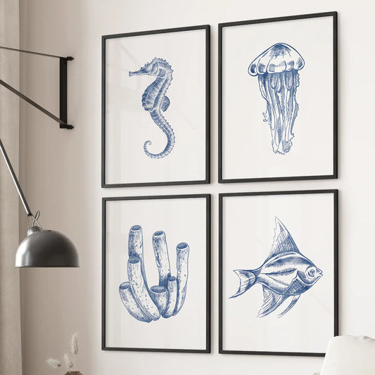 Blue Coastal Artwork. Set of 4 Posters. Jellyfish, Fish Print