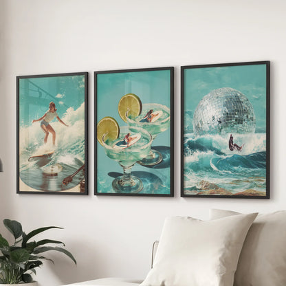 Retro Coastal Surfing Wall Art Set of 3. Surreal Blue Wave