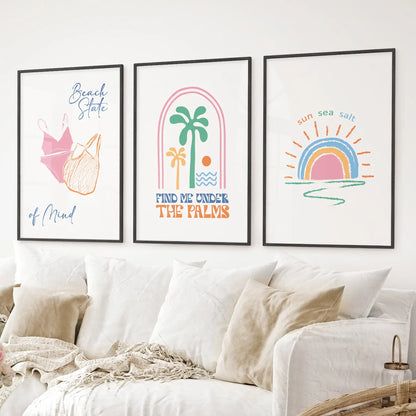Coastal Summer Vibes Wall Decor. Palm Sunset Poster Set of 3
