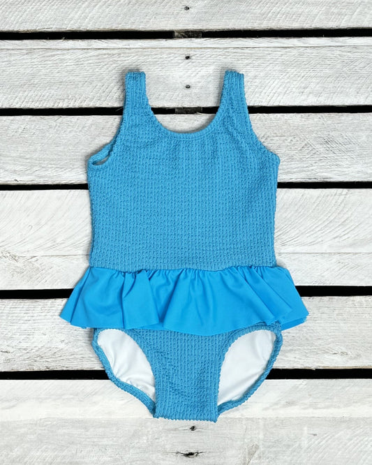Mini Ruffle Girls Skirted Swimsuit in Azure