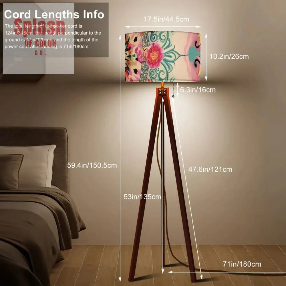 Bohemian Watercolor Pink Teal Floral Modern Tripod Floor Lamp