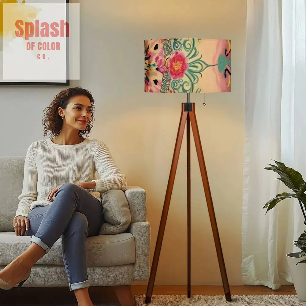 Bohemian Watercolor Pink Teal Floral Modern Tripod Floor Lamp