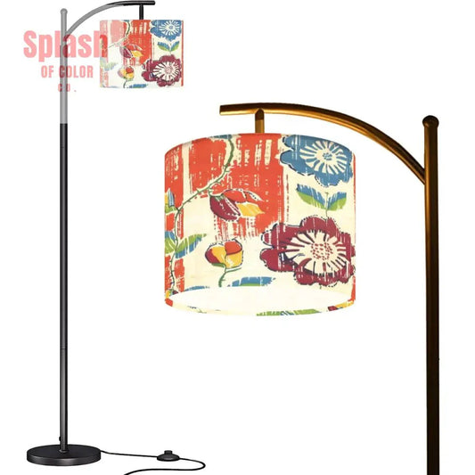Boho Floral Heritage Modern Arc Floor Lamp, In Coral Blue And Green