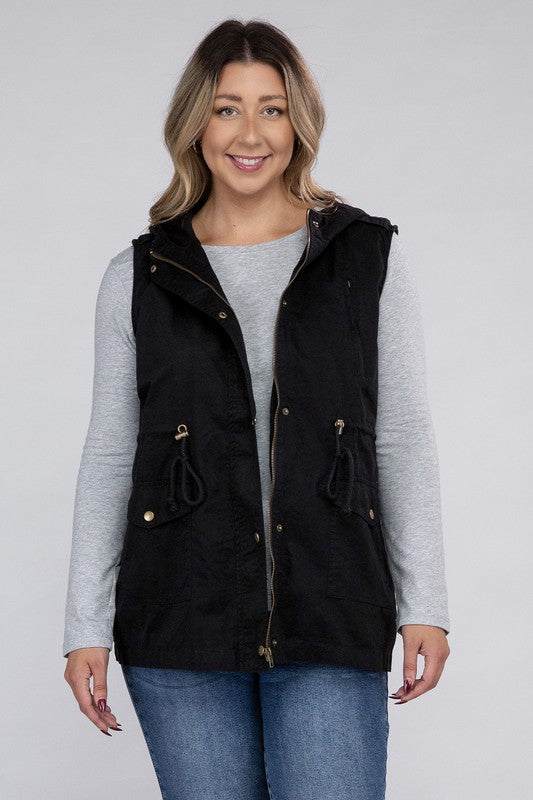 Drawstring Waist Military Hoodie Vest (Plus Sizes)