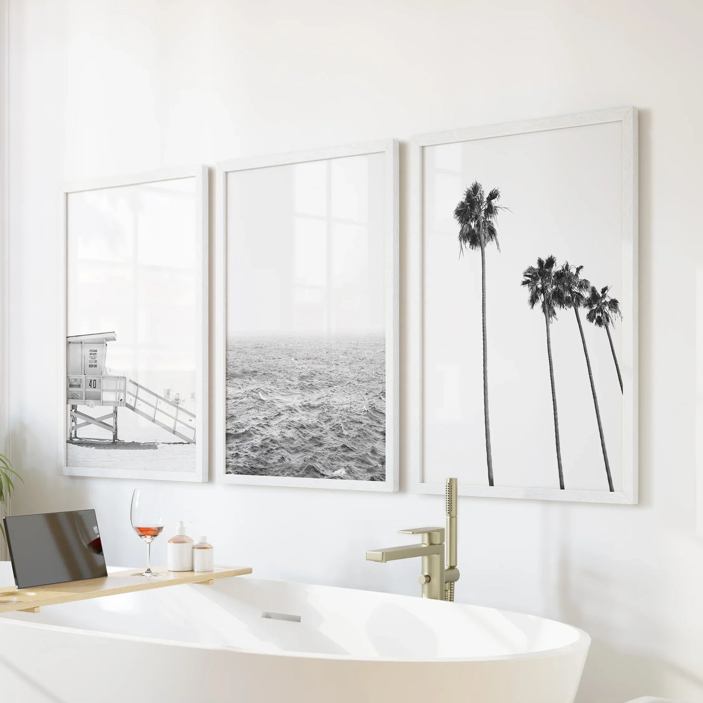 Black White Coastal Wall Art Set: Palms, Ocean, Lifeguard
