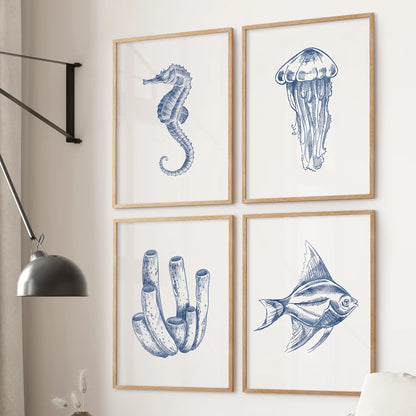 Blue Coastal Artwork. Set of 4 Posters. Jellyfish, Fish Print