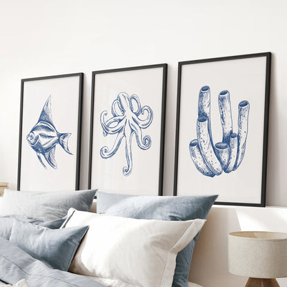 3 Piece Marine Themed Wall Art Set. Octopus, Fish, Coral