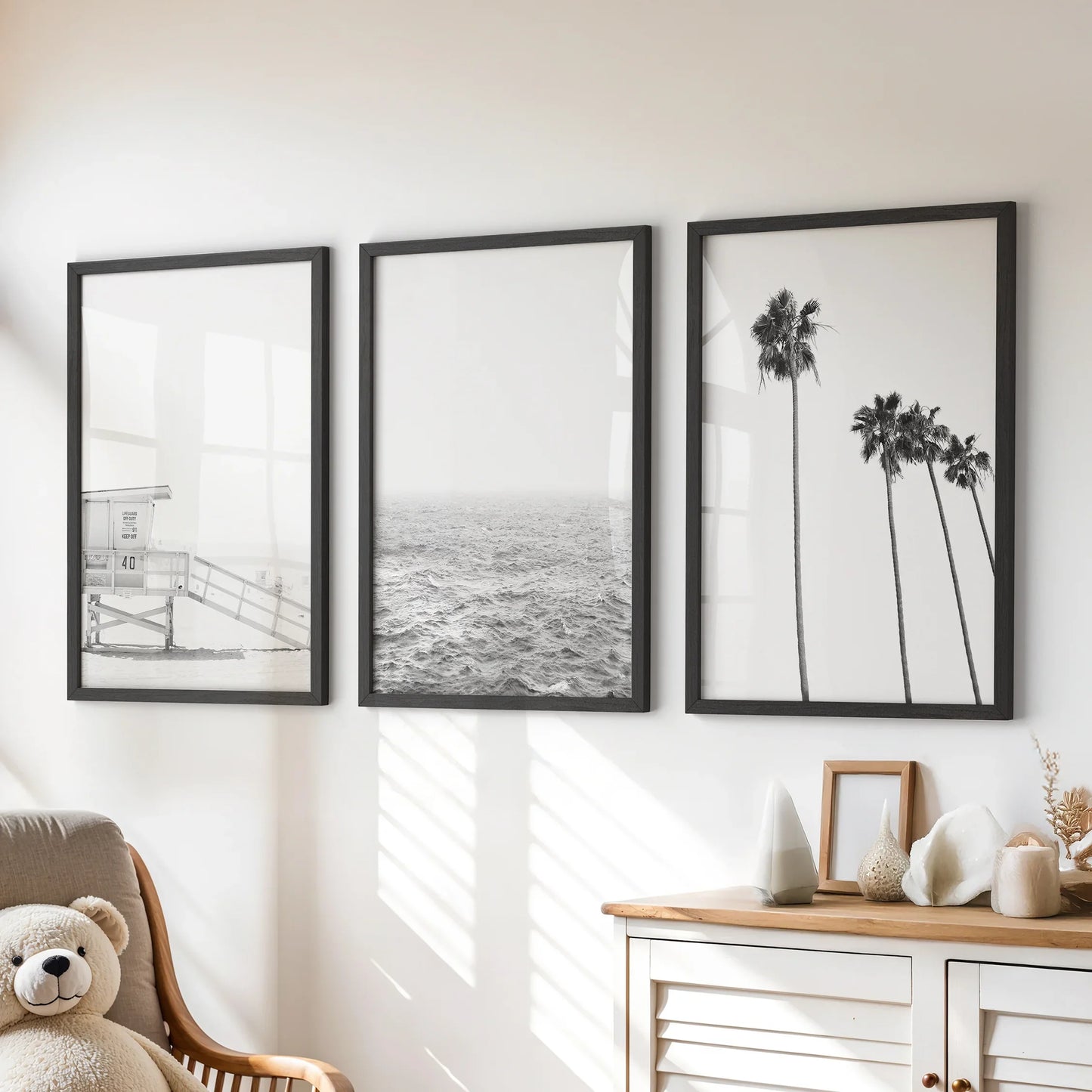 Black White Coastal Wall Art Set: Palms, Ocean, Lifeguard