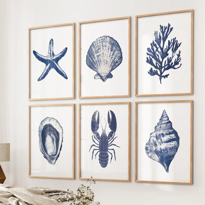 Coastal Set of 6 Art Prints. Shell, Lobster, Starfish, Seaweed