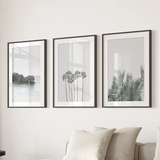 Modern Coastal Wall Art. Ocean Rock, Palms, Tropical Leaf