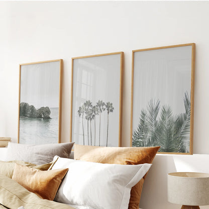 Modern Coastal Wall Art. Ocean Rock, Palms, Tropical Leaf