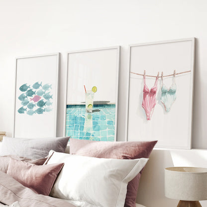 Summer Wall Art Set of 3. Poolside Party Watercolor Prints