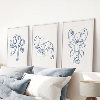 Octopus, Lobster, Crayfish Wall Art. Trendy Set of 3 Prints