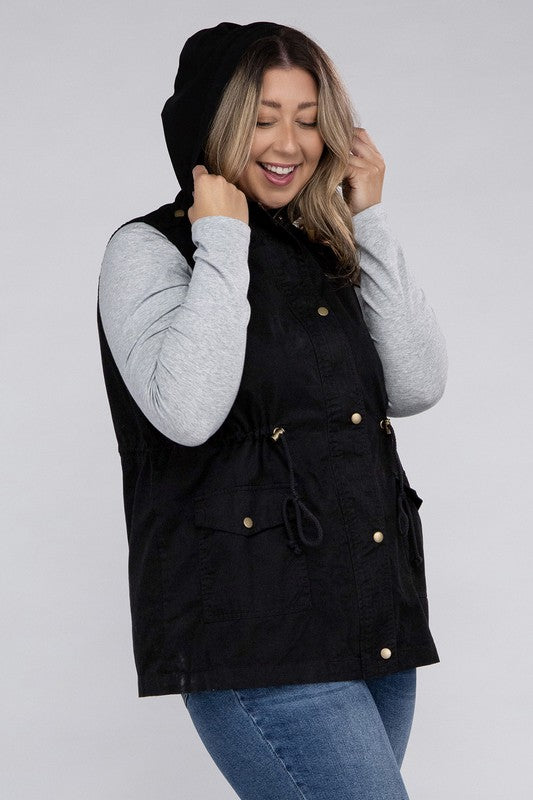 Drawstring Waist Military Hoodie Vest (Plus Sizes)