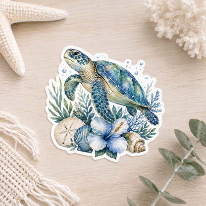 "COMING SOON" Coastal Sea Turtle Sticker | Ocean Floral Vinyl Decal | Wate