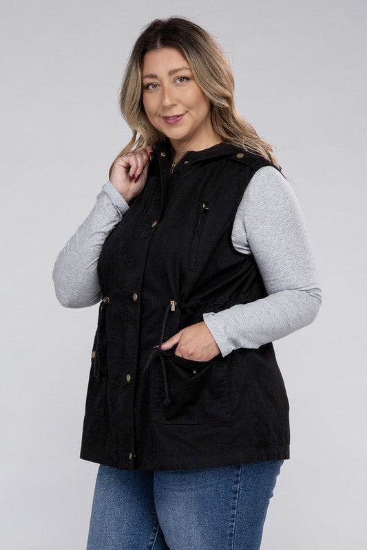 Drawstring Waist Military Hoodie Vest (Plus Sizes)